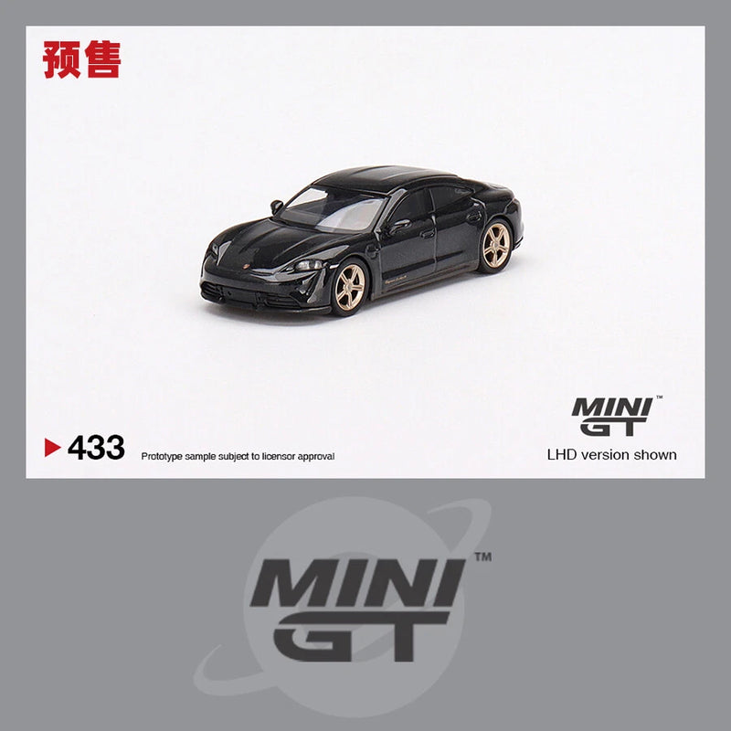 1:64 Porsche Taycan Turbo S die-cast model car, black, on display card