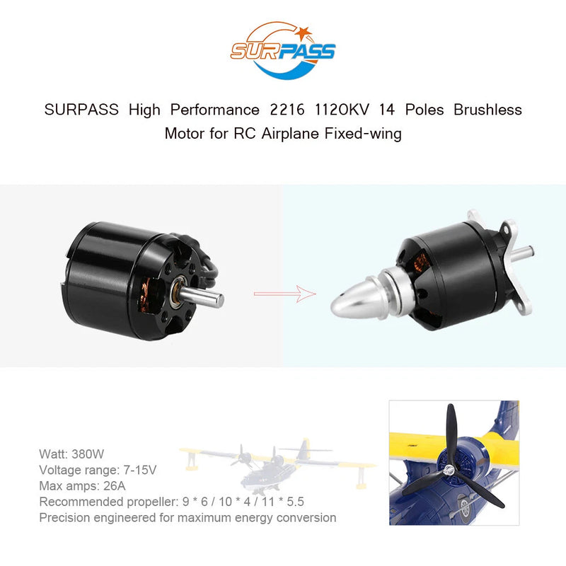 SURPASS brushless RC motor, black 2216 14-pole 12-slot with mounting flange and shaft
