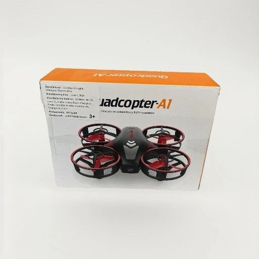 Mini quadcopter drone retail box with orange lid and ladcopter-AI branding
