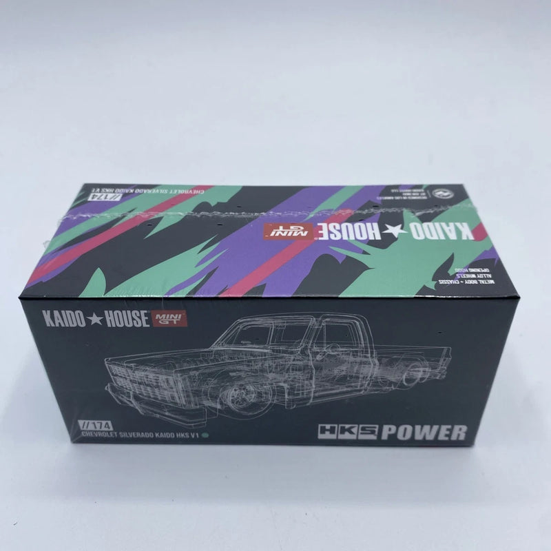 Sealed MINI GT 1/64 die-cast Chevrolet Silverado model box with HKS POWER branding