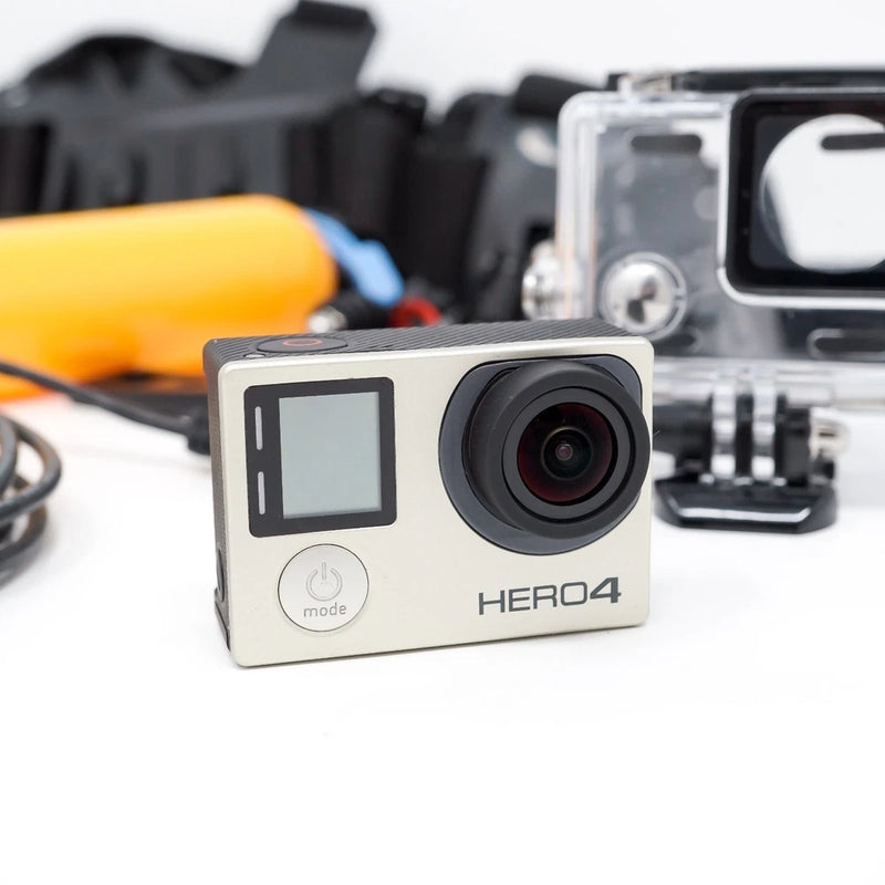 GoPro HERO4 action camera with front LCD and lens, silver body