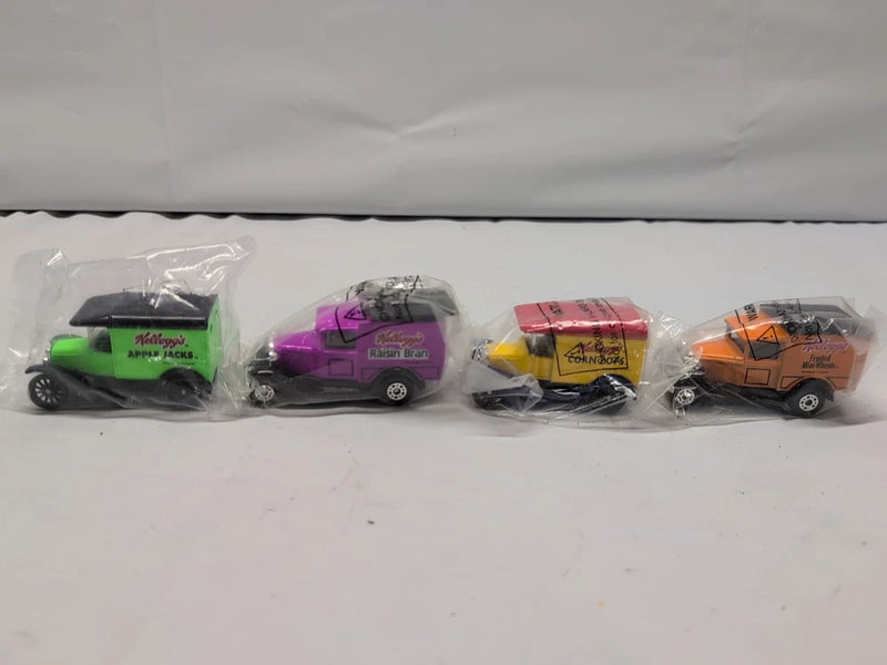 Set of 4 1/64 die-cast Model T delivery trucks in green, purple, yellow, and orange