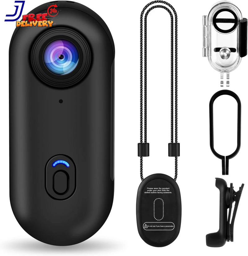 Black tiny thumb action camera with front lens, button, lanyard strap and clip mount