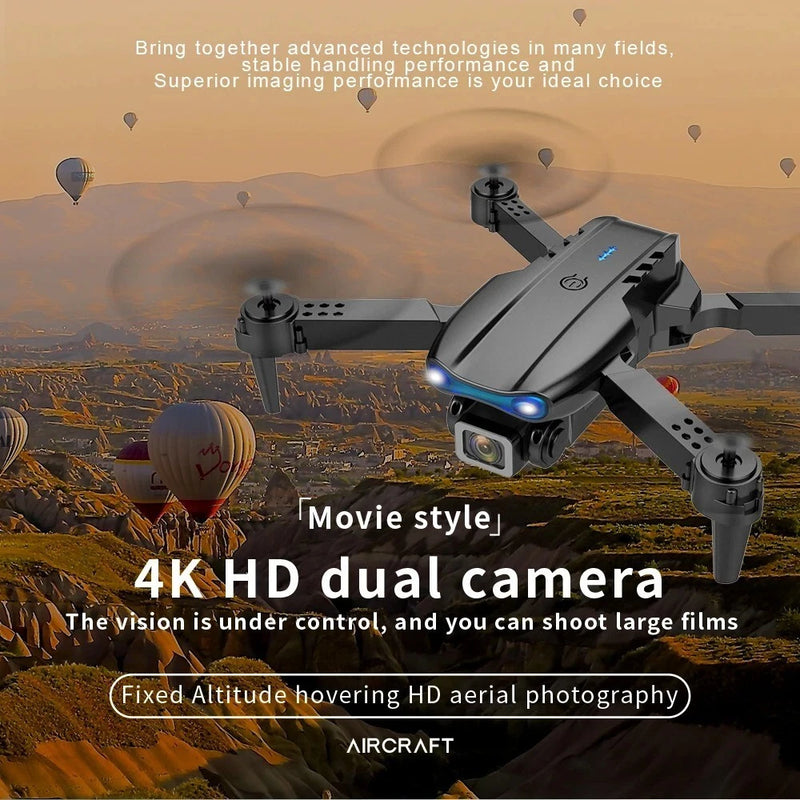4K HD dual-camera quadcopter drone with propellers and mounted camera