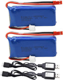 Two blue 7.4V LiPo battery packs with JST plug and paired USB cables, orange connectors
