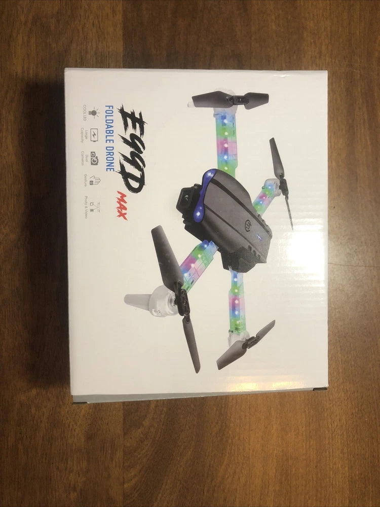 Foldable drone in retail box, gray body with multicolor LED light strips