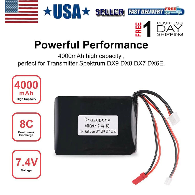 Crazepony 4000mAh 2S Lipo Battery 8C/16C 7.4V JST JR Plug Transmitter Battery US Battery