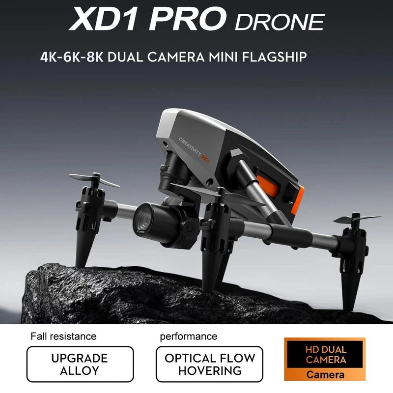 Mini quadcopter drone with dual camera, alloy frame and front orange light