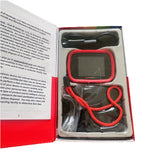 Red and black waterproof action camera with screen and wrist strap, boxed