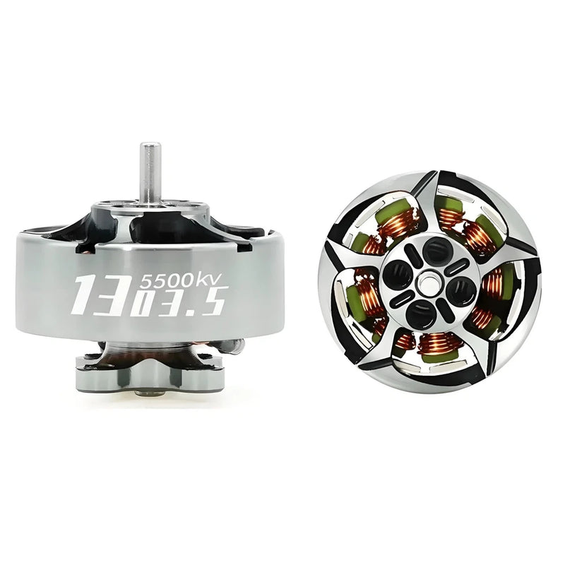 Brushless RC FPV motor, 5500KV, silver housing with central shaft and multicolor stator
