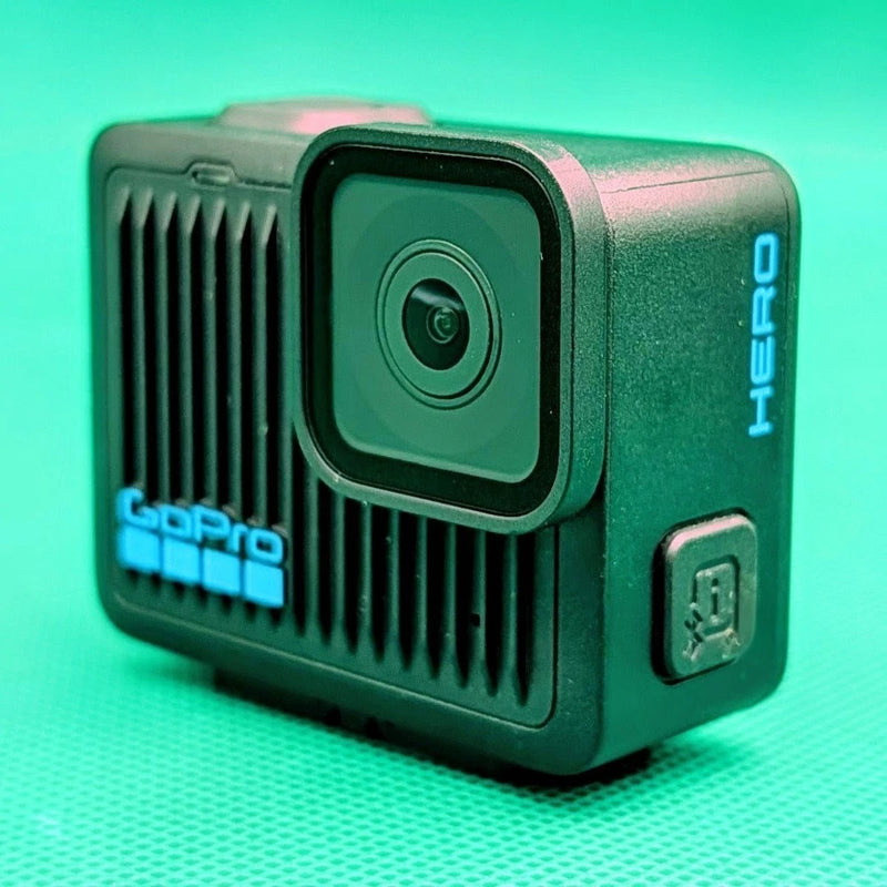 GoPro HERO action camera in black with lens and side control buttons