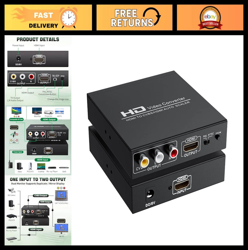 HDMI to RCA AV Adapter Converter, Composite Video & Audio, PAL/NTSC Compatible,