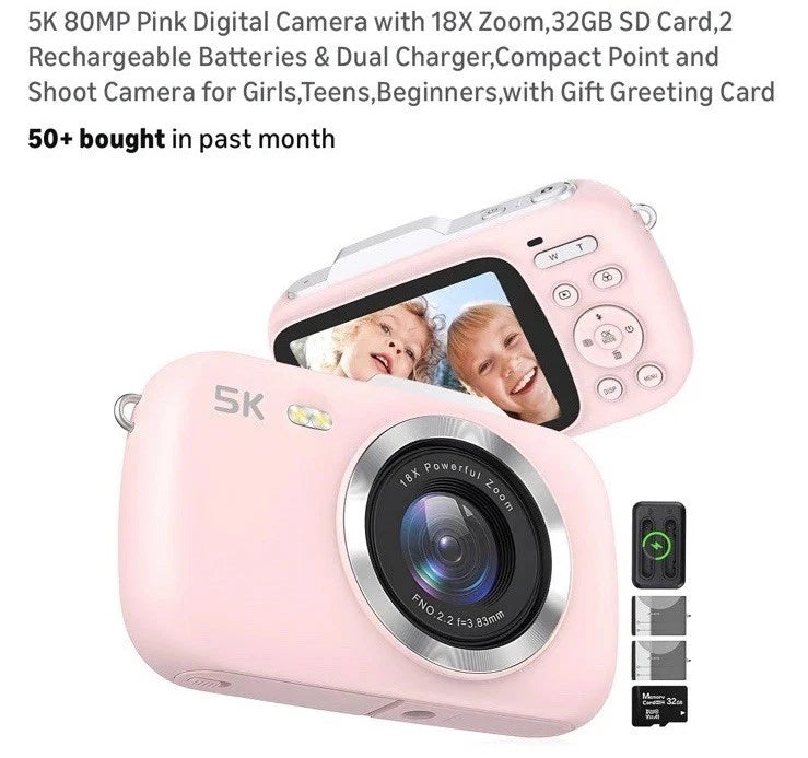 5K 80MP Pink Digital Camera with 18X Zoom,32GB SD Card,2 Rechargeable Batteries