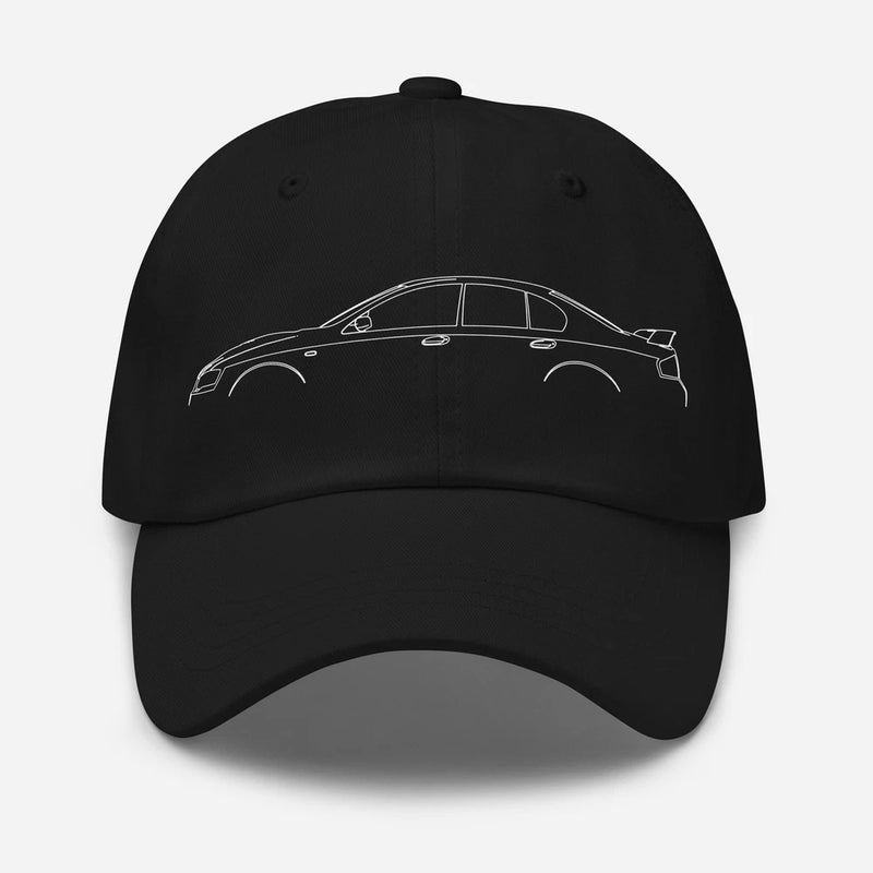 Black baseball cap with white car line-art graphic on front