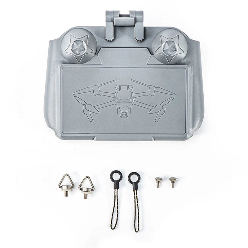 Gray drone sunshade protector case with mounting clips, straps, and screws