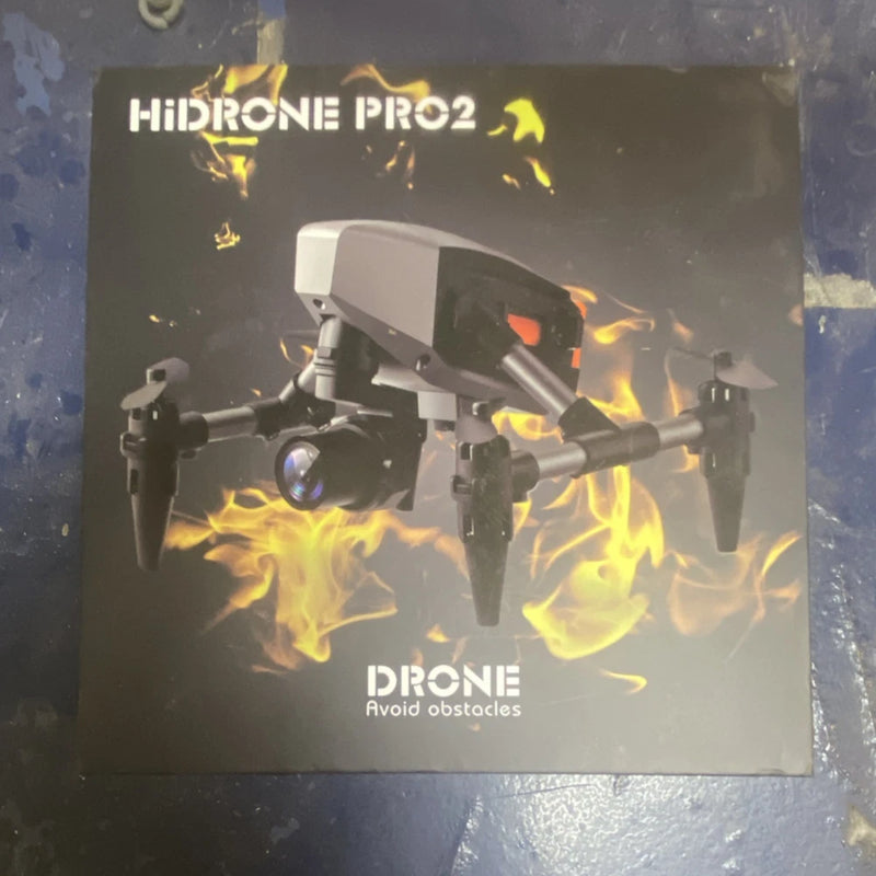 Gray quadcopter drone with front camera, propellers, obstacle avoidance graphics