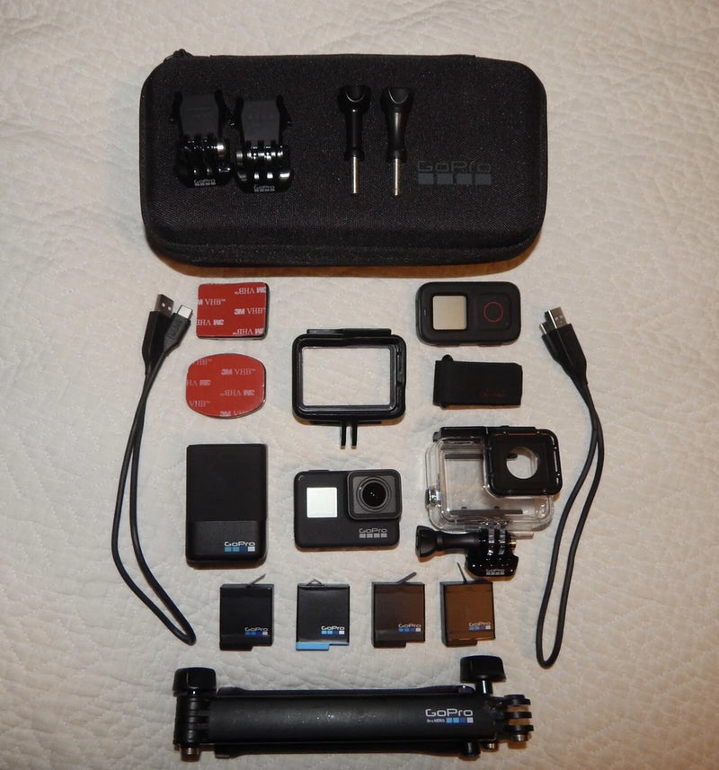 GoPro HERO 7 Black action camera bundle with waterproof housing, mounts, and accessories