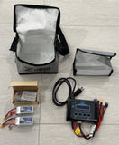 LiPo 6S battery charging kit with RDQ batteries, charger, cables, and storage bags