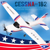 Fixed-wing RC airplane with white body, red/blue stripes and star decals, front propeller