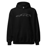 Black pullover hoodie with car graphic on chest and front kangaroo pocket