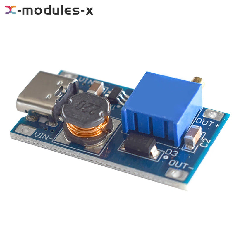 DC-DC step-up boost converter module with blue screw terminals and inductor coil