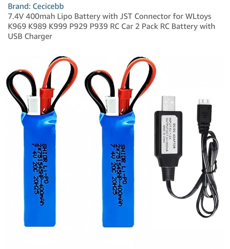 7.4V 400mah Lipo Battery with JST Connector for WLtoys K969 K989 K999 P929 P939
