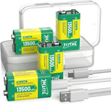 Rechargeable 9V lithium batteries set, four with charger cable and adapter