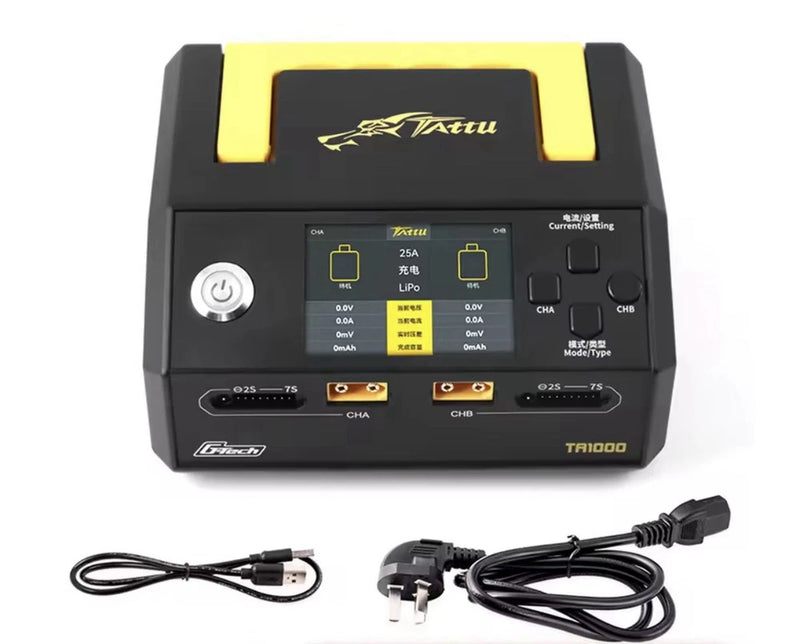 Tattu TR300 dual-channel RC battery charger with LCD screen and power cables