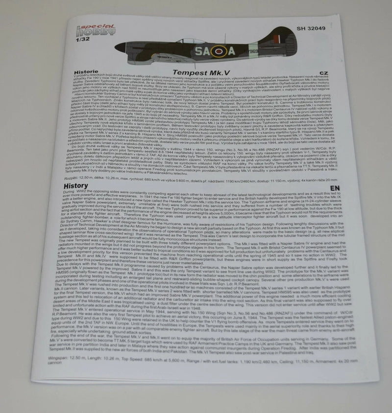 SPECIAL HOBBY Tempest Mk.V 1/32 instruction booklet page with EN text