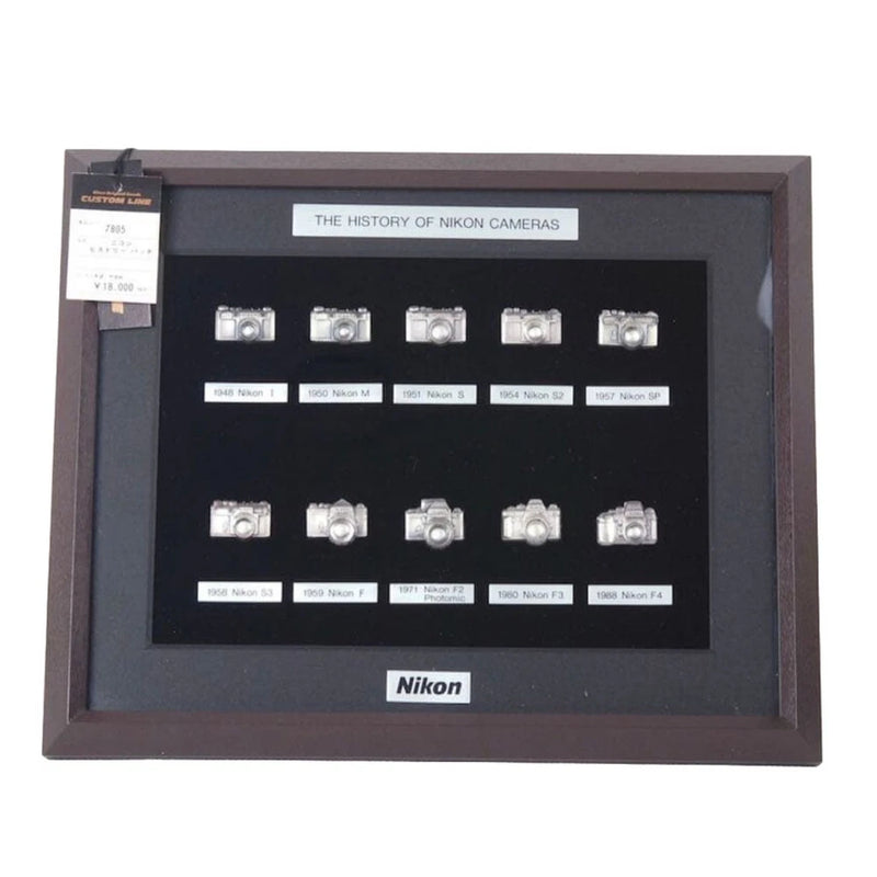 1987 RARE Nikon 70th Anniversary Camera History Pin Badge Set w/ Wood Frame