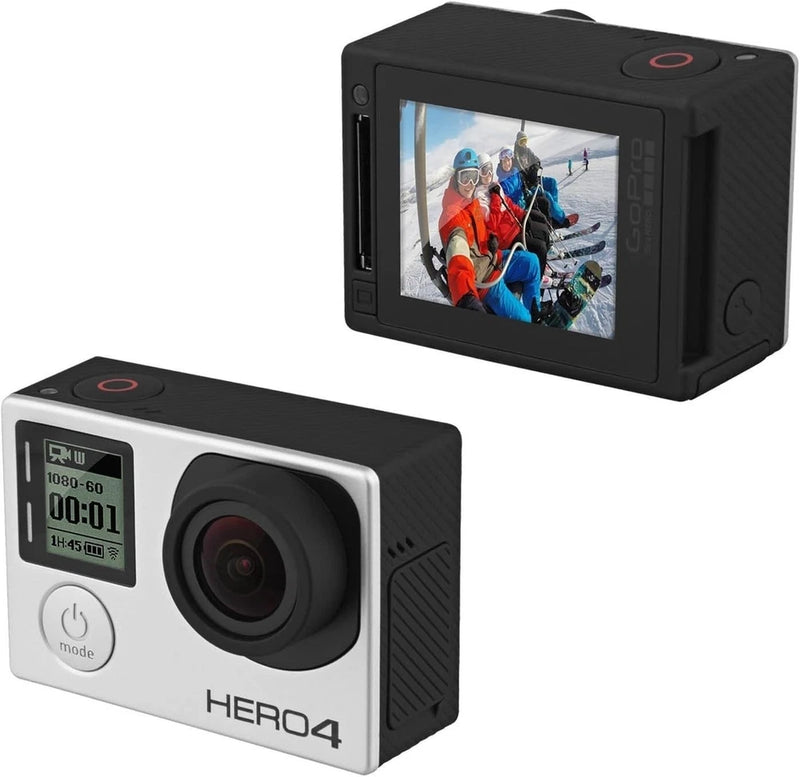 GoPro HERO4 action camera with LCD screen, silver and black body, wide-angle lens.