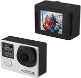 GoPro HERO4 action camera with LCD screen, silver and black body, wide-angle lens.