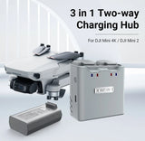 Gray two-way fast charging hub with LED indicators and ports for DJI Mini drones