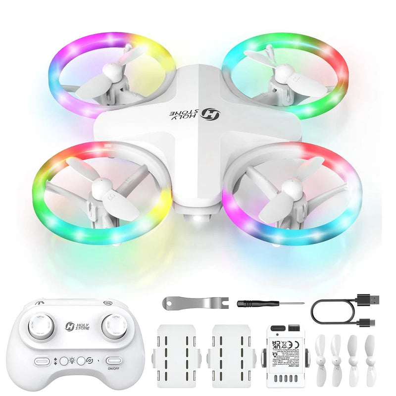 White kids micro drone with LED ring lights and remote controller with accessories