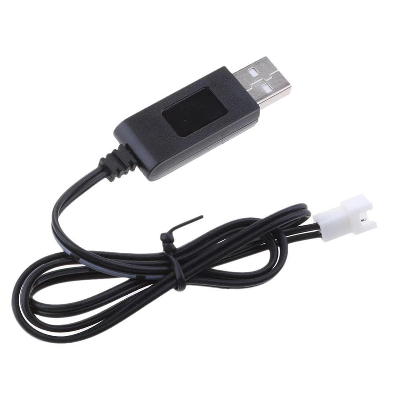 3.7V battery charger replacement with USB plug, black cable, and white connector