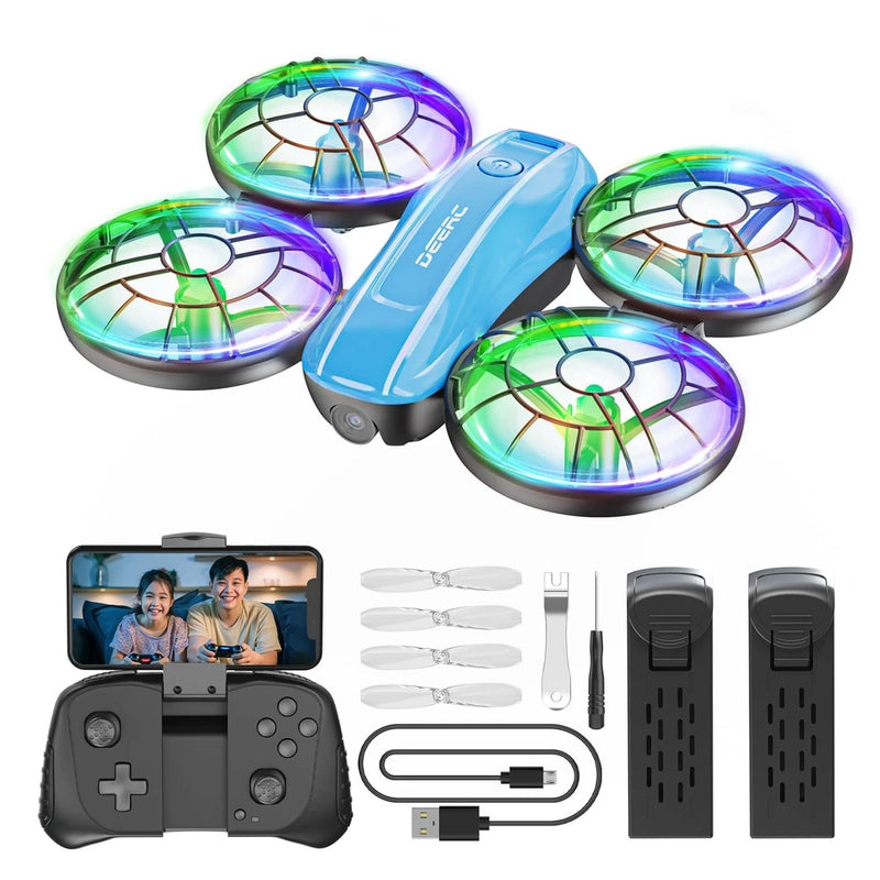 Blue gesture-control mini drone with 4 glowing propellers and controller set
