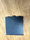SONY clock radio battery cover, dark blue plastic with latch and embossed label
