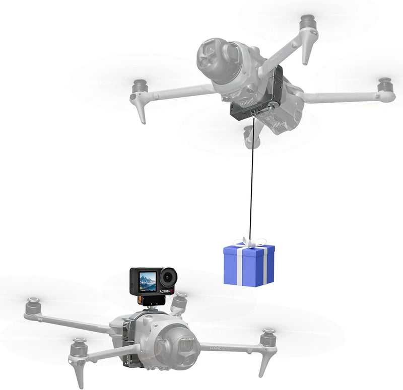 Drone airdrop system with camera controller and payload box attachment, blue package