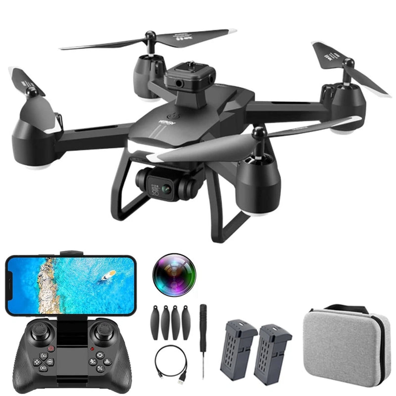 Gray foldable headless camera drone with remote controller and propeller set, carrying case