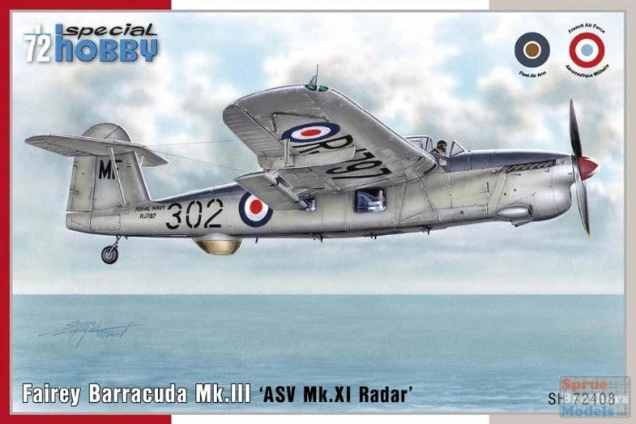 72 scale gray Fairey Barracuda Mk.III model airplane with RAF roundels, radar nose