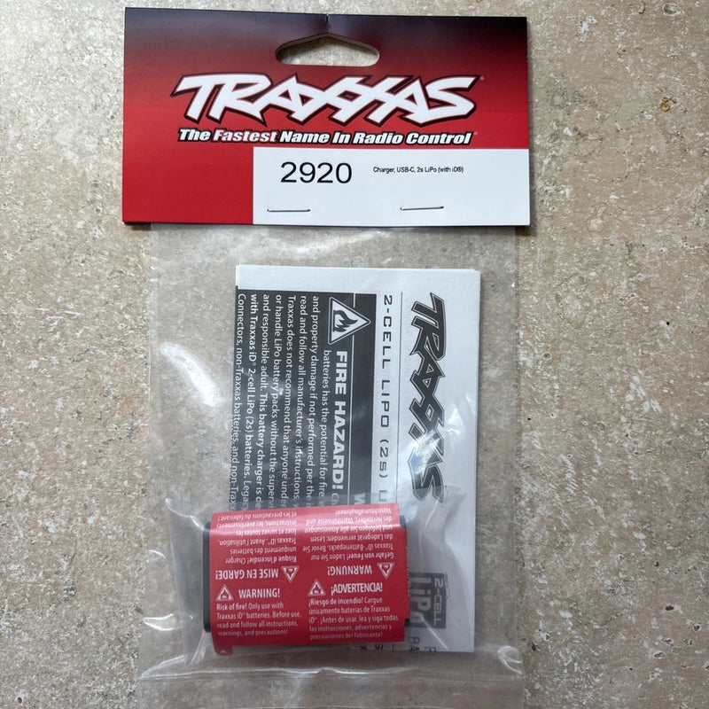 Traxxas 2920 2S LiPo battery pack in sealed plastic bag, label visible