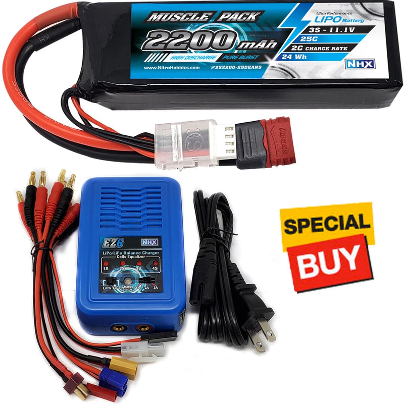 RC LiPo kit with black/red battery pack, blue EZ6 charger, and connector cables