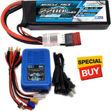 RC LiPo kit with black/red battery pack, blue EZ6 charger, and connector cables