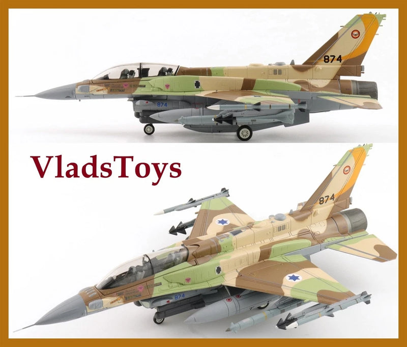 Tan and green camo F-16I fighter jet model with orange tail, side view