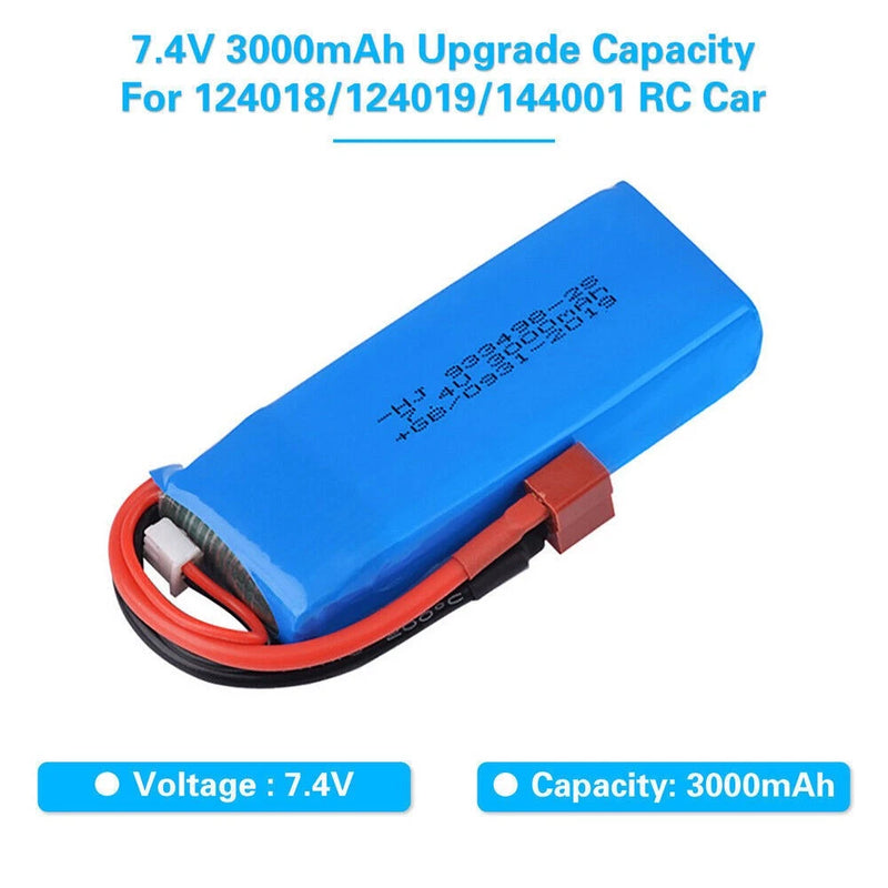 7.4V 3000mAh 2S LiPo RC battery pack with blue case and red/black leads