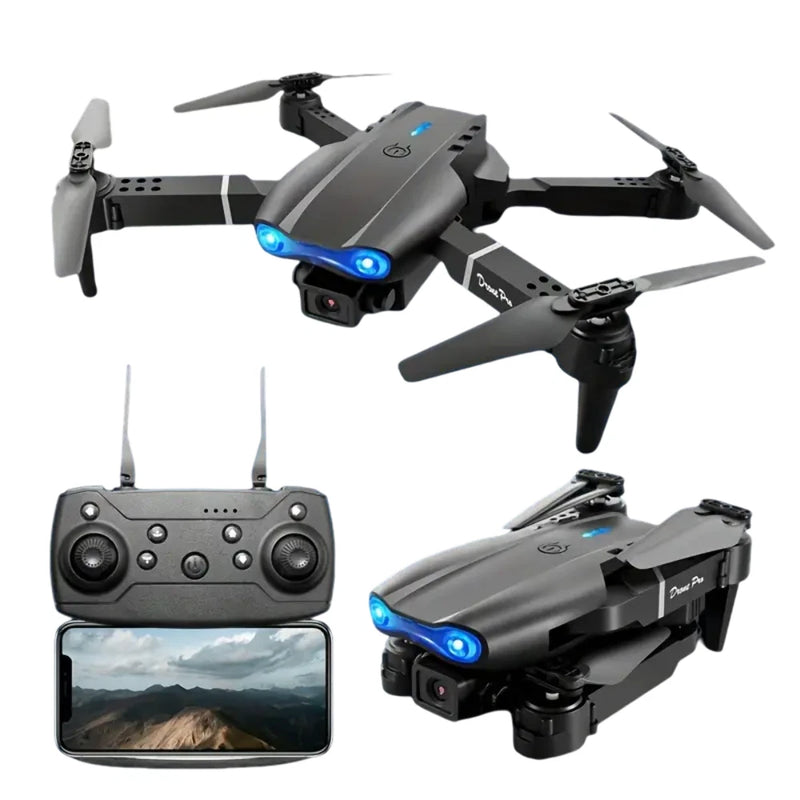 Foldable black RC drone with HD camera and blue LEDs, with handheld controller display