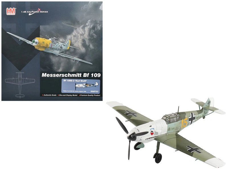 1/48 scale Messerschmitt Bf 109E-3 fighter aircraft model, green and gray, three-quarter view