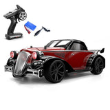 Red and black vintage RC drift vehicle model car with metal grille and front lights