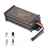 Brown aluminum DC-DC step-down converter with wire leads and mounting holes