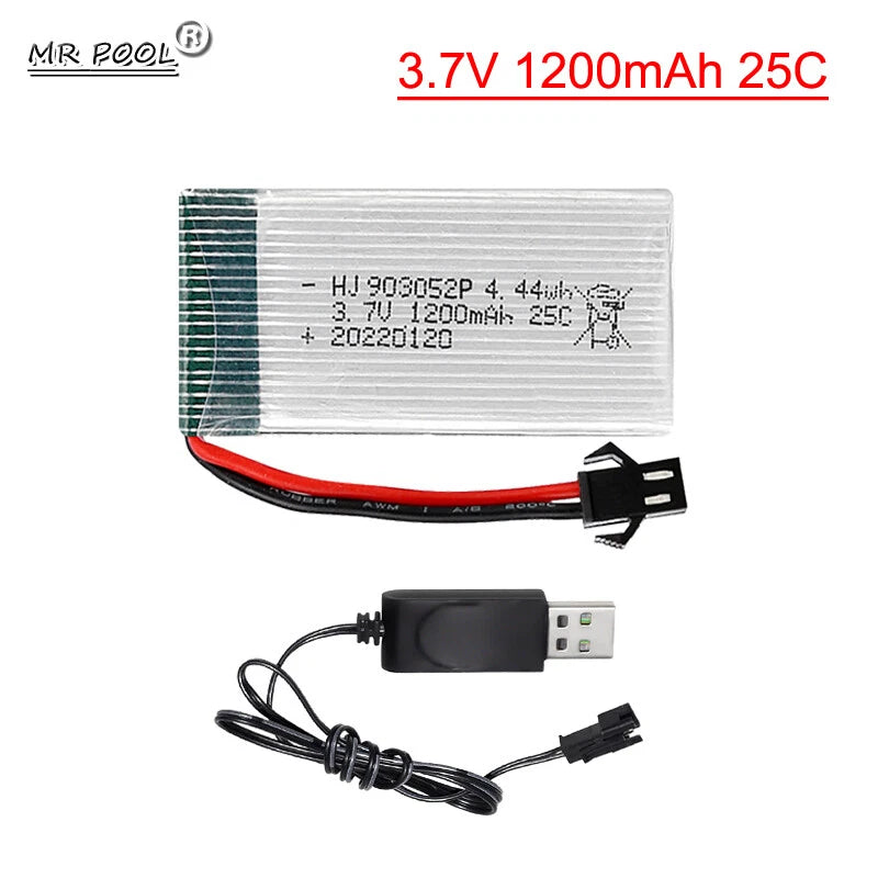 3.7V 1200mAh 25C LiPo battery with USB charger and red/black lead wires